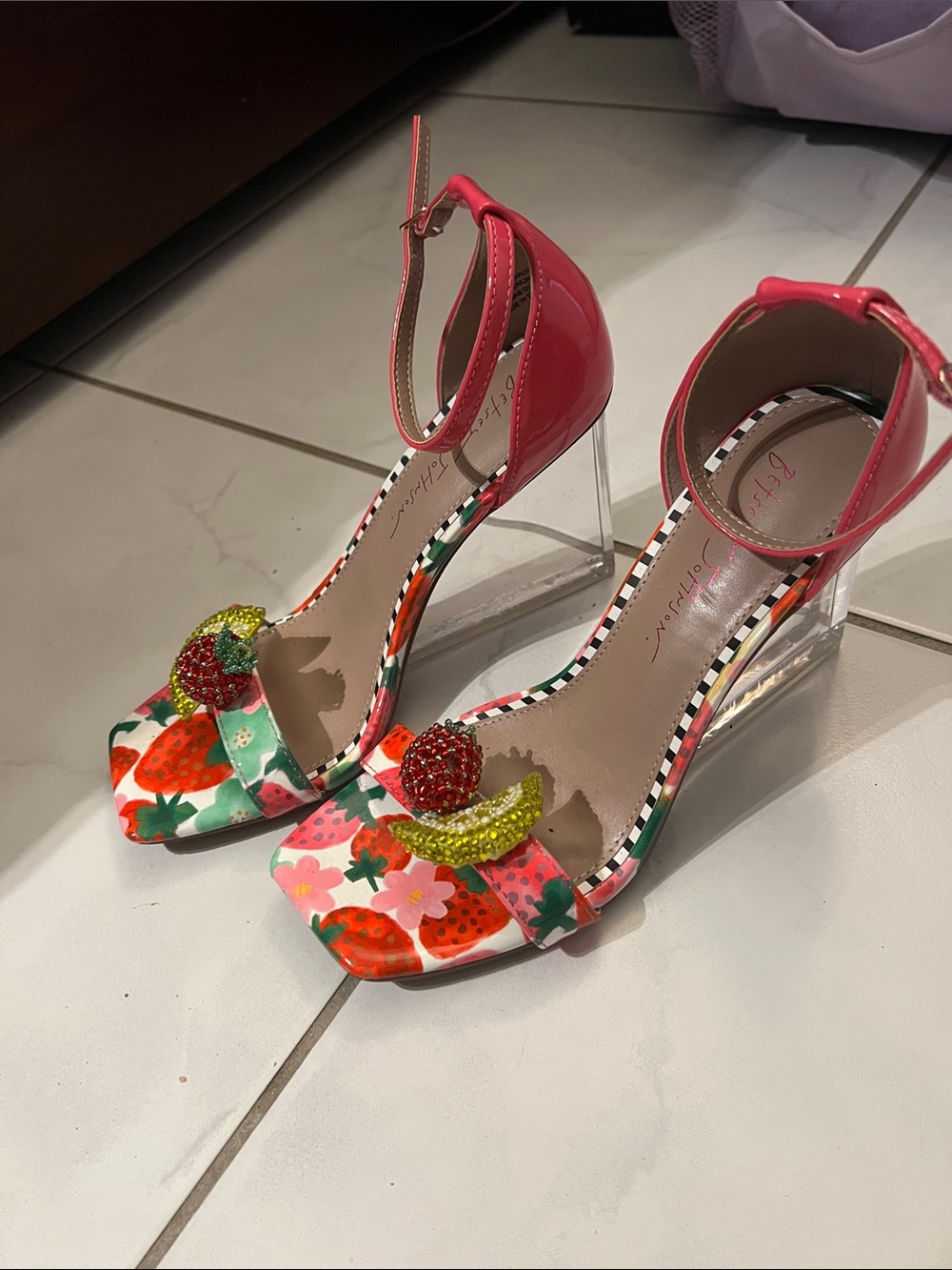 BRAND NEW Betsey Johnson Pink Floral Strawberry Beaded Ankle-Strap Heels